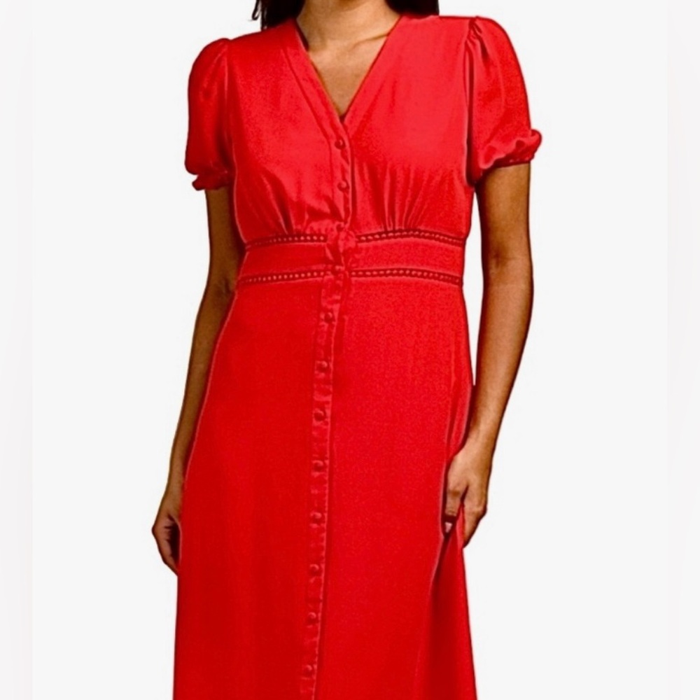 Nanette Lepore Elegant Red A-Line Lattice Trim Empire Waist Midi Dress